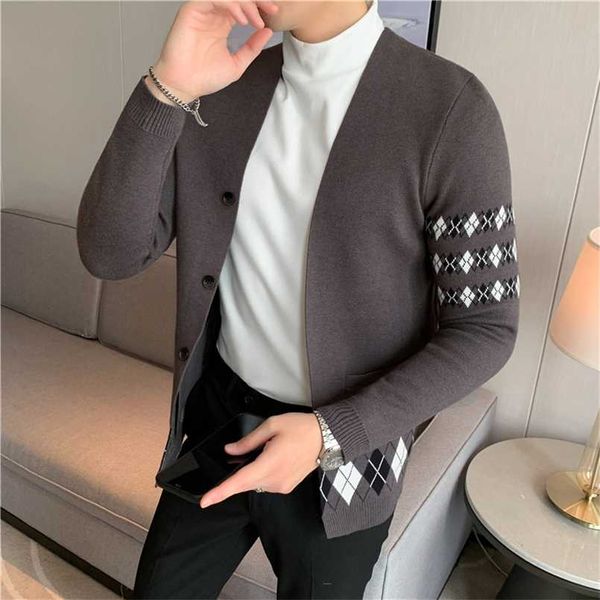 Высочайшее качество Осень зима V шеи кардиган мужская одежда с длинным рукавом мода Argyle свитер Slim Fit Casual Pult Homme 3XL-M 211006