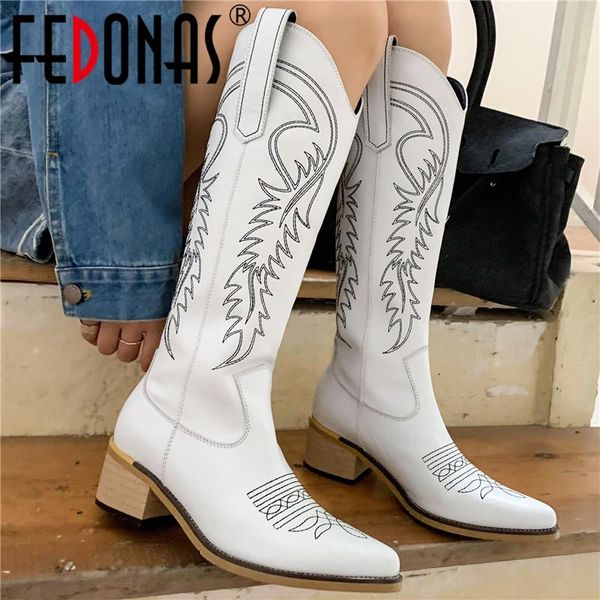 

boots fedonas square toe women knee-high fashion embroider genuine leather 2021 autumn winter casual shoes woman high quality, Black