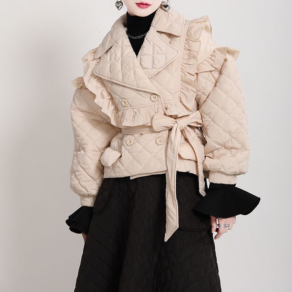 

women's wool & blends autumn winter loose ruffles woman cotton padded jacket turn down collar rhombic short parkas coat casaco fem, Black