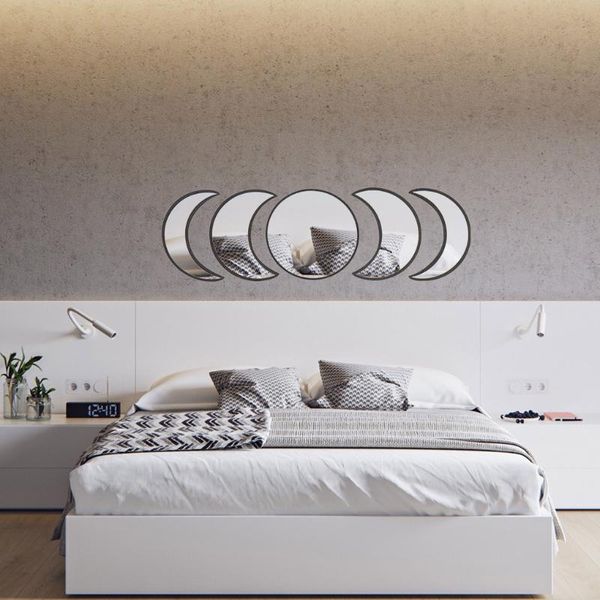 

mirrors 30cm 5pcs/set natural decor acrylic moonphase interior design wooden moon phase mirror bohemian wall decoration for room