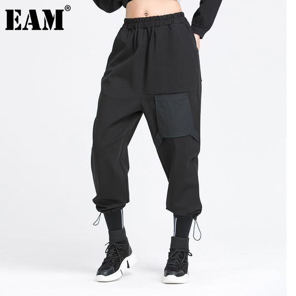 

[eam] high elastic waist casual long pocket harem trousers loose fit pants women fashion spring autumn 1dd6058 210512, Black;white