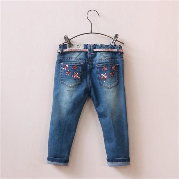 

baby girls denim jeans with belt kids spring autumn child long pants star, Blue
