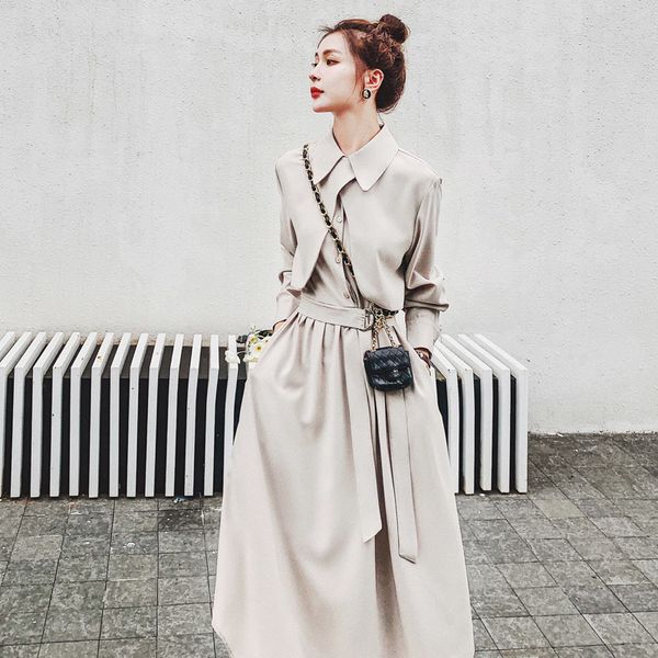 

long-sleeved beige ash chiffon female irregular fall lady temperament high waist slimming shirt dress y086 xrzd, Black;gray