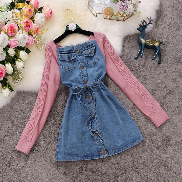 

casual dresses women denim short dress chic square neck splicing knitted long sleeves slim 2021 autumn winter korean streetwear, Black;gray