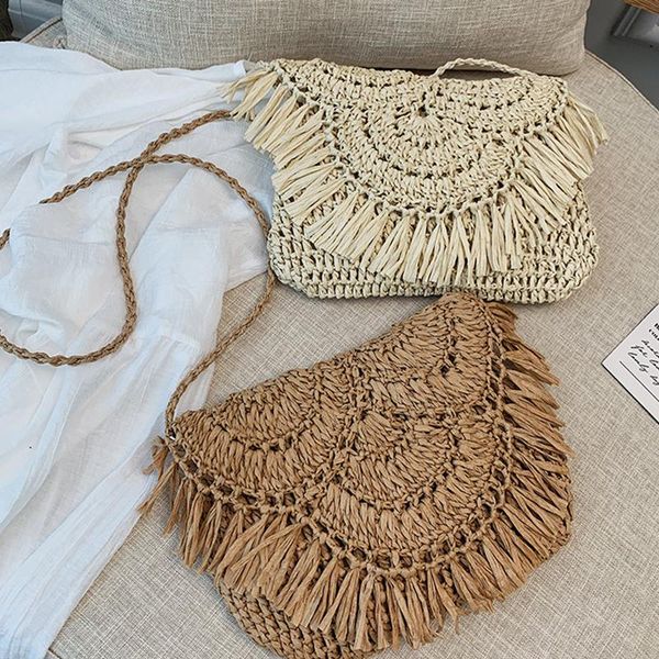 

storage bags summer straw for women fashion handmade tassel beach rattan woven handbags holiday shoulder crossbody clutch