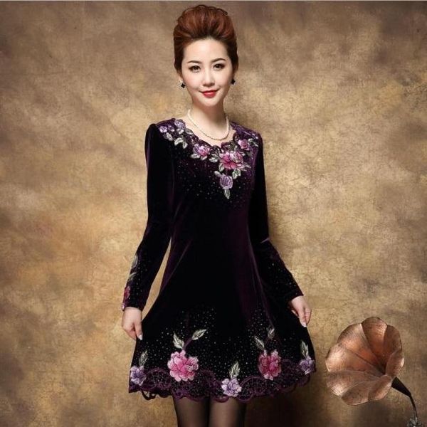 

casual dresses elegant embroidery printed dress for middle-aged women vestidos femininos long sleeve plus size velvet xl610, Black;gray