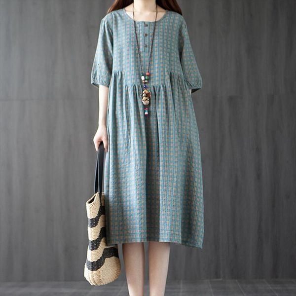 

korea design fashion plaid women dress arrival short sleeve loose summer cotton linen travel casual midi, Black;gray