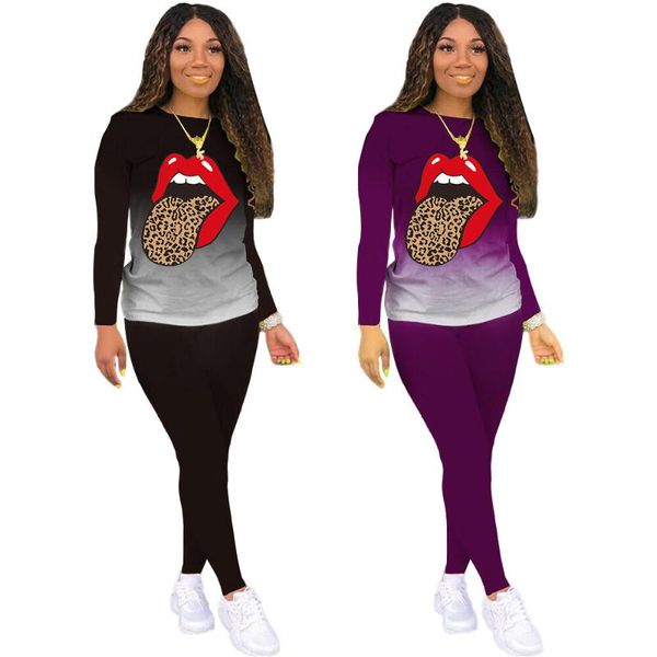 

plus size s-5xl women's suit 2-piece set fall / winter 2021 lip gradient home wear long sleeve pants fashion casual two piece, White