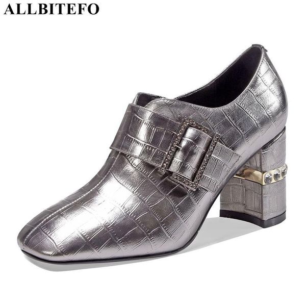 

dress shoes allbitefo fashion buckle genuine leather brand high heels office ladies rhinestone party women heel, Black
