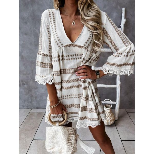 

casual dresses lace printed loose dress v-neck three quarter sleeve summer vintage holiday beach, Black;gray
