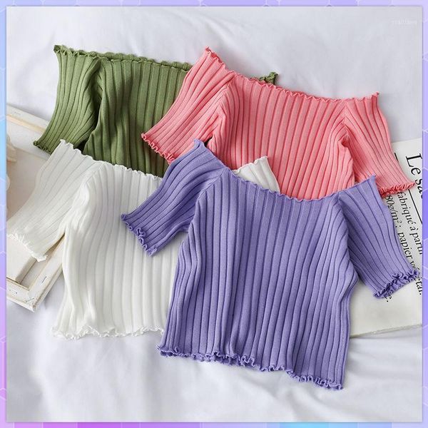 

women's t-shirt solid t-shirts knitting crop female short sleeve stretchy ruffles hem off shoulder stripes for women, White