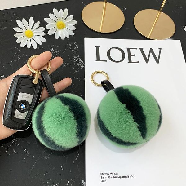 

keychains fluffy natural real rex fur keychain little watermelon pendant genuine leather strap car key metal ring women bag charm, Silver