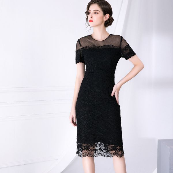 

capris xxl lace 2021 summer party cocktail women tulle mesh patchwork short sleeve bodycon sheath black blue apricot, Black;gray