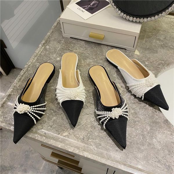 

slippers pearl women 2021 solid color casual low heel pointed toe slides flat shoes beach sandals for pantoufles femmes, Black