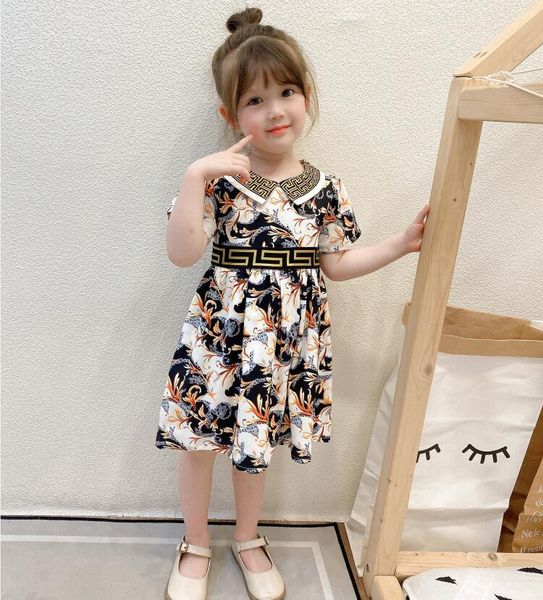 

girls' summer dress print lapel stitching princess skirt, Red;yellow