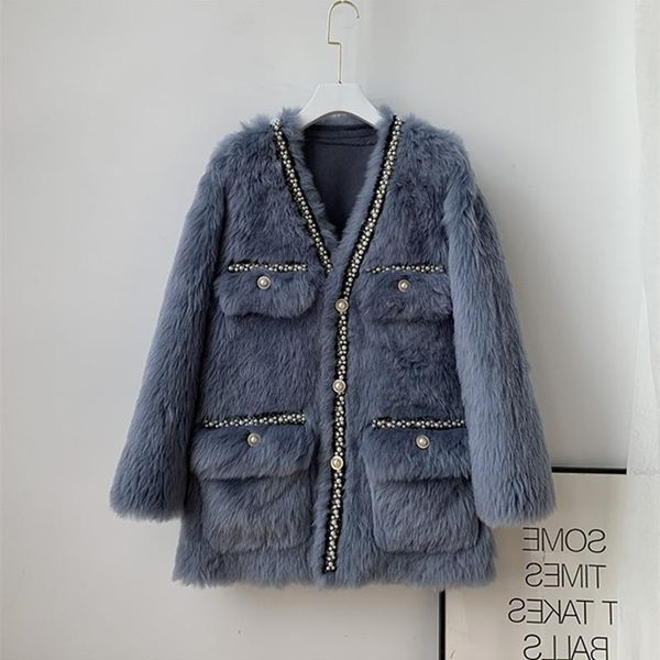 

women's fur & faux designer wool leather overcoat chic lady elegant pearls beading v-neck coat c786, Black
