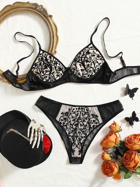 

plus scroll print mesh lingerie set o6fj#, Black;white