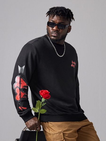 

extended sizes men letter & heart graphic pullover a2s9#, Black