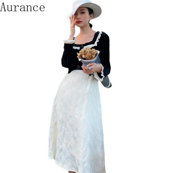 

casual dresses [aurance] women lace patchwork square collar vintage long sleeve black white color matching plus size 2021, Black;gray