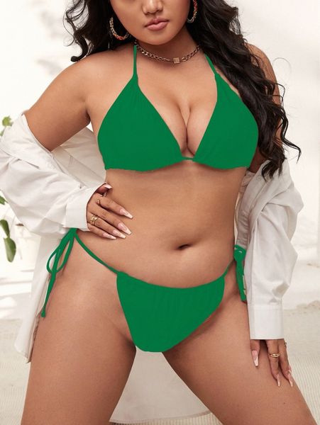 

plus plain triangle tie side bikini swimsuit d7sq#, Black