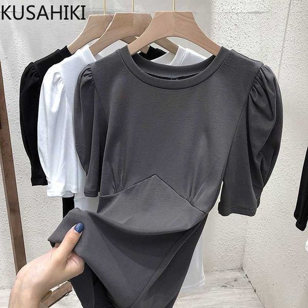 

kusahiki summer woman tshirts puff sleeve o-neck graphic tees korean solid patchwork fashion elegant shirt 6j030 210602, White
