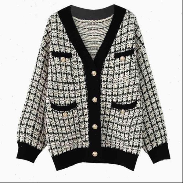 

loose cozy womens sweaters knitting cardigan autumn winter button coat woman vintage lattice sweater warm clothes, White;black