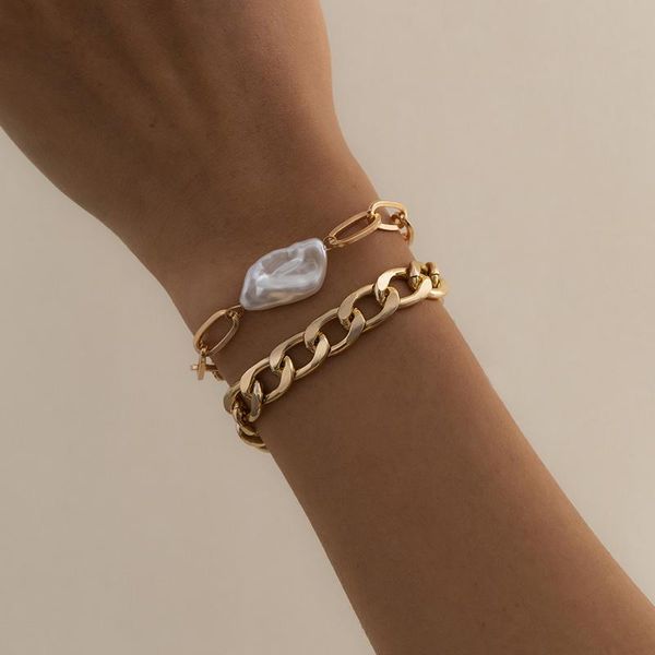 

link, chain 2pcs/set vintage baroque pearl bracelet bangle women wedding chunky lock couple fashion hand jewelry gifts, Black