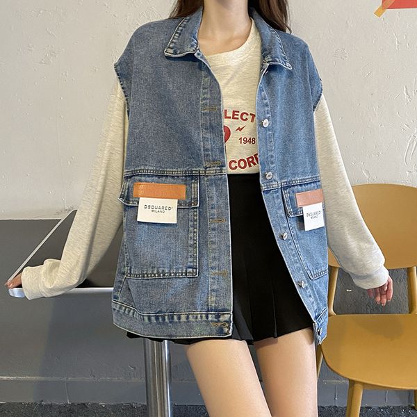 

loose large pocket patch cloth denim autumn and winter used vt women's wear, Black;white