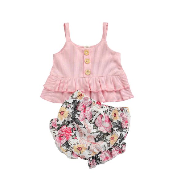 2-teiliges Sommer-Outfit für Kleinkinder, Mädchen, ärmelloses Set mit Rüschen-Tanktops und geblümten Shorts vorne 210515