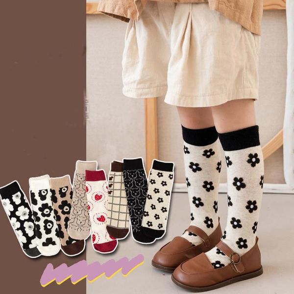 

socks v-tree autumn winter baby girls cotton knee high long breathable cartoon print sock 2021 casual kids clothes, Pink;yellow