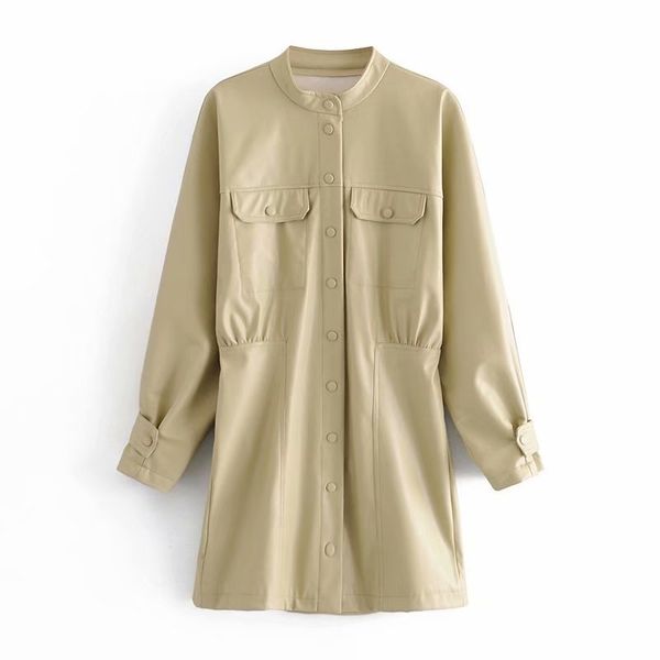 

casual woman beige pu single breasted dress fashion office ladies long sleeve es female elegant slim pocket 210515, Black;gray