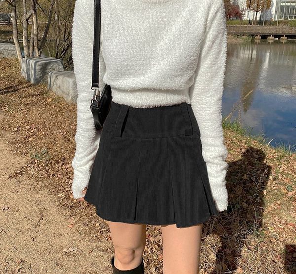 

vintage corduroy pleated skirts high waist cute kawaii clothes womens 90s y2k aesthetic school girl mini skirt brown /black size xl, Black;gray