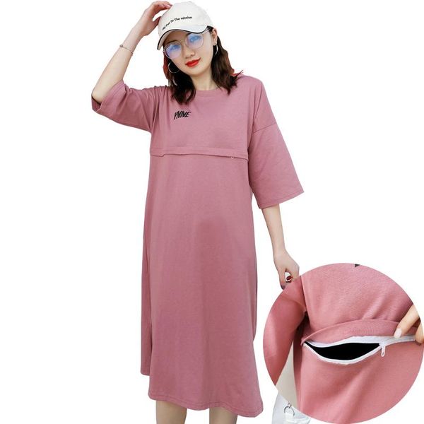 

maternity dresses back letter print nursing dress solid color short sleeve breastfeeding pregnancy summer woman clothes 9172, White