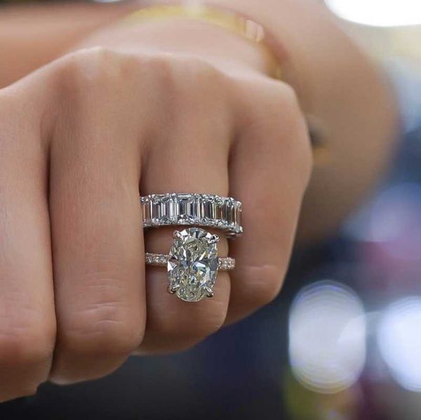 

cluster rings luxury 925 sterling silver pave emerald cut diamond wedding engagement cocktail women z band set fine jewelry, Golden;silver
