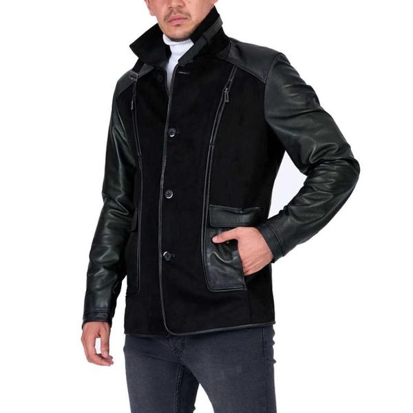 

men's leather & faux season suede covered original winter coat high collar turkish quality, Black
