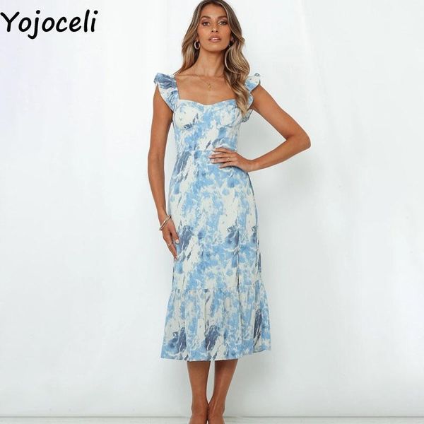 

yojoceli long ruffle tie dye women dress summer beach casual midi strap print female sundress vestidos dresses, Black;gray