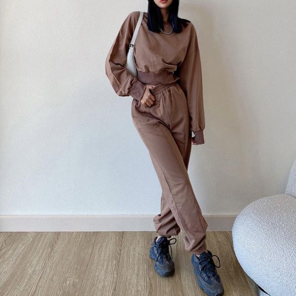 

women's two piece pants women crew neck drop shoulder crop sweatshirt and cuffed jogger sweat set, White