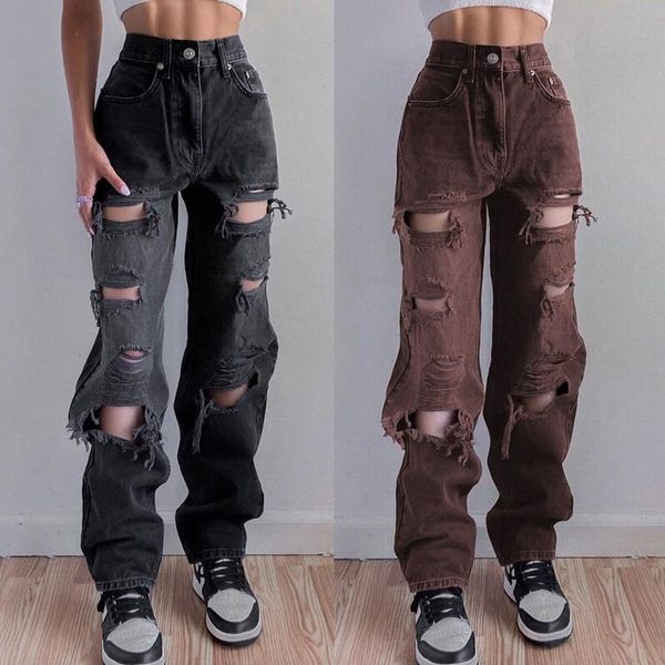 

women's jeans women casual denim high waist ripped hole straight loose pants ladies baggy jean, Blue