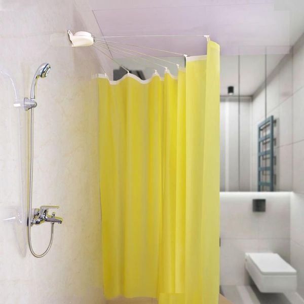 

foldable wall mounted shower curtain rod metal space saver fan-shaped bathroom holder rail with hooks dq1609 curtains