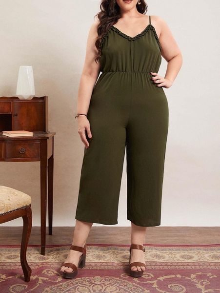

emery rose plus frill trim cami jumpsuit d8ko#, Black