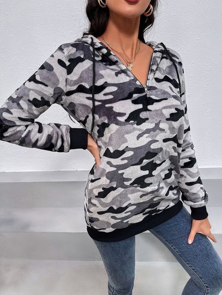 

camo print half placket hoodie u8xy#, White;black