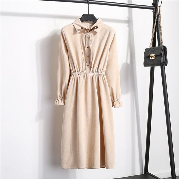

dresses winter solid women corduroy turn-down neck female a-line dress single-breasted elastic waist vestidos femme 9udk, Black;gray
