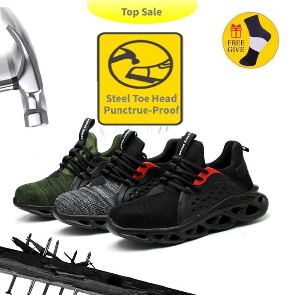 

men and women steel toe cap work safety shoes puncture-proof boots lightweight breathable sneakers 211022, Black