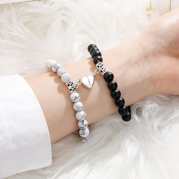 

beaded, strands 1 pair heart magnet charm couples bracelets natural stone beaded elastic lover's distance attract, Black
