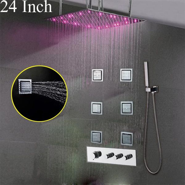 

bathroom shower set accessories thermostatic led rainfall shower system brass massage body jets saving water faucets 24"