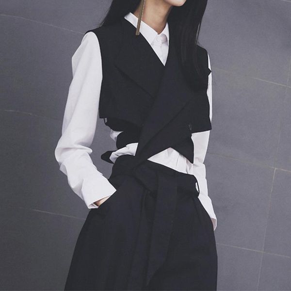 

women's vests women fashion vest summer trend japanese sleeveless jacket business suit collar for woman, Black;white