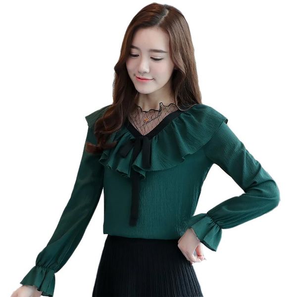 

women's blouses & shirts autumn women blouse 2021 v-neck fashion shirt mesh spliced office lady long sleeve bowknot lantern, White