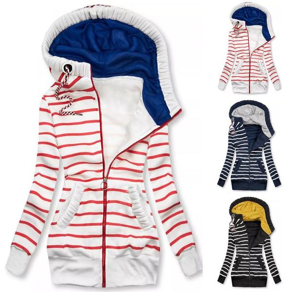 

women's jackets striped print hooded coat autumn/winter zipper pocket casual outerwear female ladies cotton saco de mujer, Black;brown