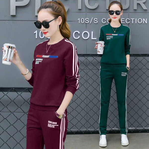 

spring autumn women two piece outfits korean printing fashion casual long sleeved trousers set 2 pieces plus size clothes 210930, White