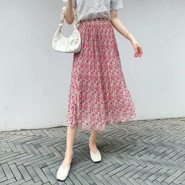 

spring summer elegant floral print tulle midi long pleated skirts women's high waist loose skirt female 210529, Black